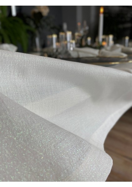 Keten Dokulu Sedefli Simli Beyaz Masa Örtüsü (Peçete Dahil Değil )