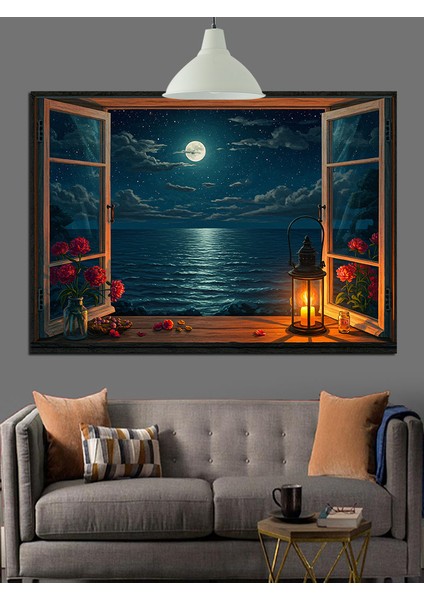 Pencere Manzarası Ay Gece Dekoratif Kanvas - Mdf Ahşap Tablo