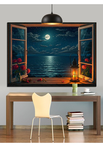 Pencere Manzarası Ay Gece Dekoratif Kanvas - Mdf Ahşap Tablo fiyatları