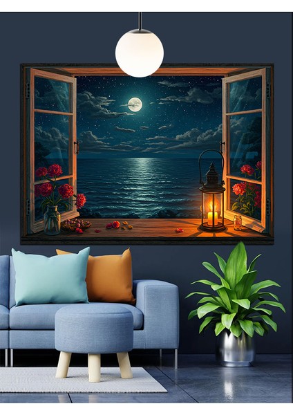 Pencere Manzarası Ay Gece Dekoratif Kanvas - Mdf Ahşap Tablo modelleri