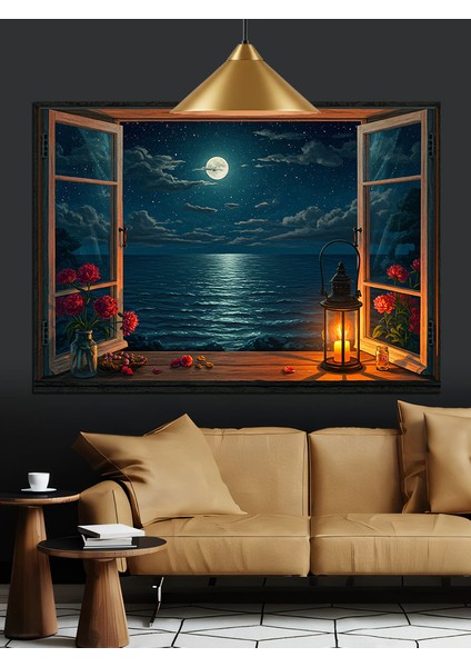 Pencere Manzarası Ay Gece Dekoratif Kanvas - Mdf Ahşap Tablo fırsatları