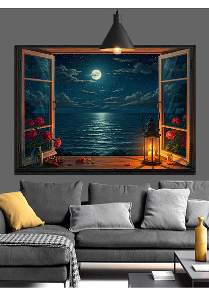 Pencere Manzarası Ay Gece Dekoratif Kanvas - Mdf Ahşap Tablo indirimleri