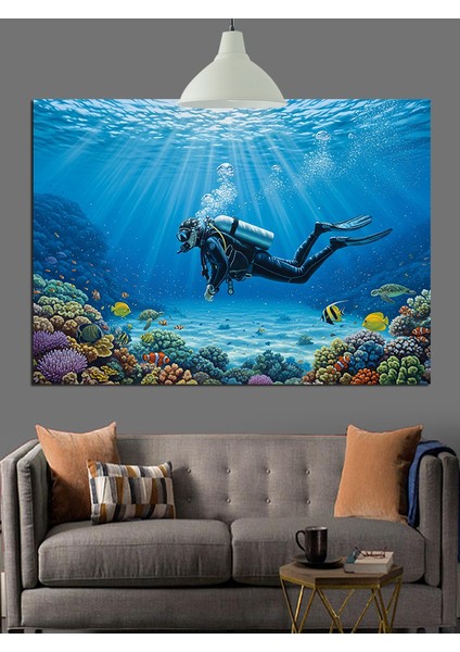 Deniz Altında Dalgıç ve Balık Dekoratif Kanvas - Mdf Ahşap Tablo