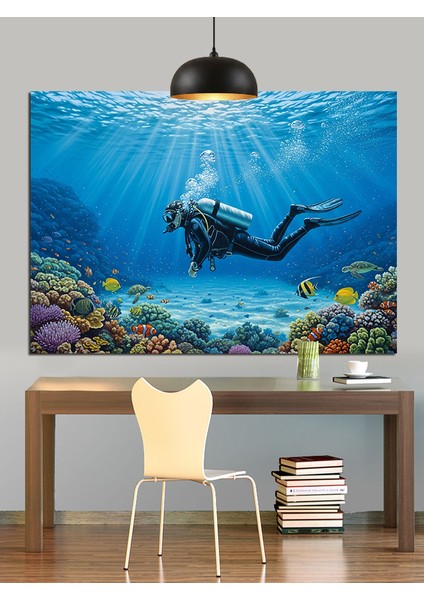 Deniz Altında Dalgıç ve Balık Dekoratif Kanvas - Mdf Ahşap Tablo fiyatları