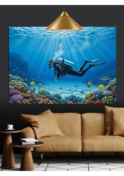 Deniz Altında Dalgıç ve Balık Dekoratif Kanvas - Mdf Ahşap Tablo fırsatları