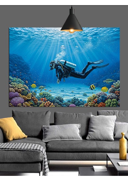 Deniz Altında Dalgıç ve Balık Dekoratif Kanvas - Mdf Ahşap Tablo indirimleri