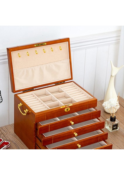 Vintage Masif Ahşap Takılar Depolama Kutusu Metal Çekme Yüzüğü Beş Katmanlı Çekmece Kolye Halkası Küpe Katı Ahşap Saklama Kutusu (Yurt Dışından)