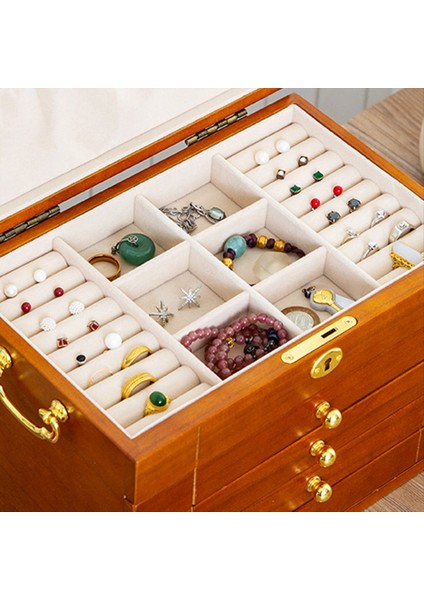 Vintage Masif Ahşap Takılar Depolama Kutusu Metal Çekme Yüzüğü Beş Katmanlı Çekmece Kolye Halkası Küpe Katı Ahşap Saklama Kutusu (Yurt Dışından) fırsatları