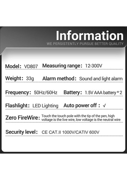 Aneng VD807 Dijital Voltaj Dedektörü Test Cihazı AC12-300V Voltaj Test Cirsi Devre Ncv Sensör Tel Elektrikçi Aracı (Siyah) (Yurt Dışından)