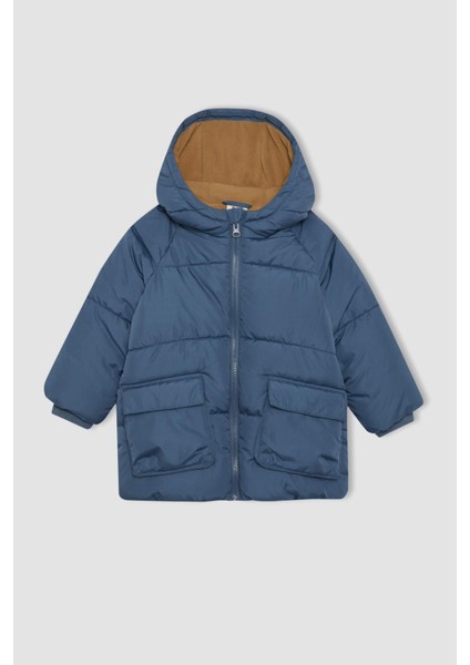 Erkek Bebek Kapüşonlu Polar Astarlı Şişme Mont