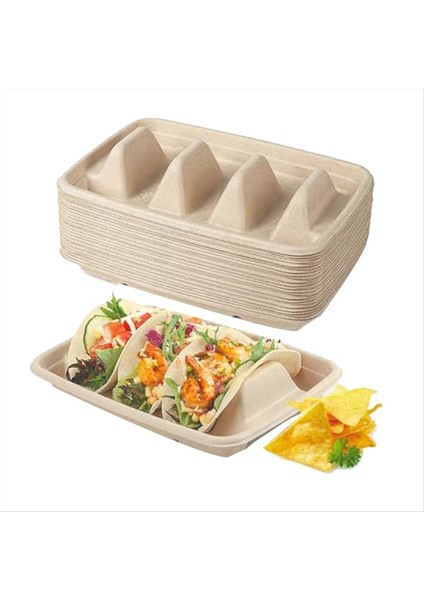50 Adet Biyolojik Olarak Parçalanabilir Tek Kullanımlık Taco Tutucu 3 Bölme Kağıt Taco Plakası Parti Için Şeker Kamışı Liflerinden Yapılmış (Yurt Dışından)