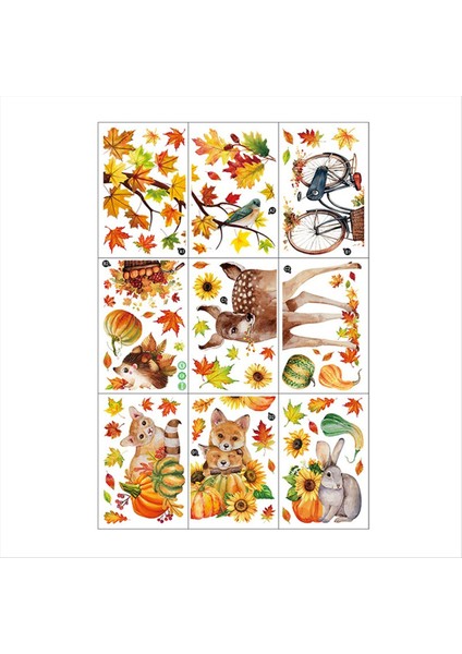 Sonbahar Penceresi Yapışması Şükran Günü Sonbahar Hasat Hayvan Kabak Yaprakları Parti Malzemeleri Pencere Cam Dekorasyonu (Yurt Dışından)