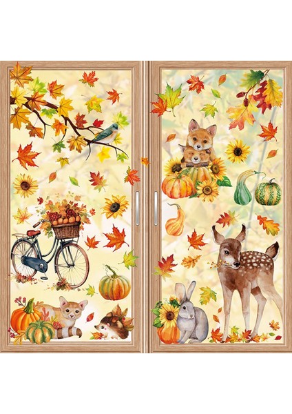 Sonbahar Penceresi Yapışması Şükran Günü Sonbahar Hasat Hayvan Kabak Yaprakları Parti Malzemeleri Pencere Cam Dekorasyonu (Yurt Dışından) indirimleri