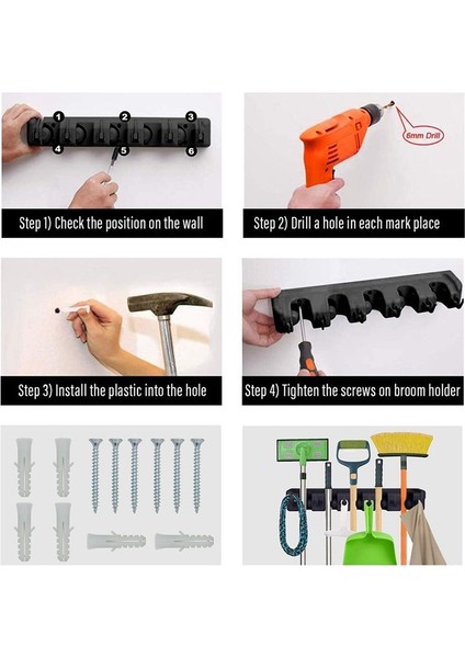 Paspas ve Süpürge Sahibi Duvar Montaj Ağır Hizmet Süpürge Sahibi Veya Ev Bahçe Garaj ve Depolama Odası Alet Organizatör Siyah (Yurt Dışından) indirimleri