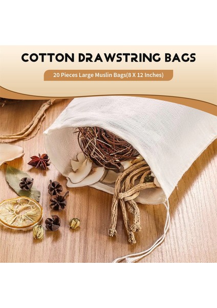 20 Adet Büyük Muslin Torbaları Pamuklu Çekme Çantaları Çay Demleme Çantaları (8 x 12 Inç) (Yurt Dışından) indirimleri