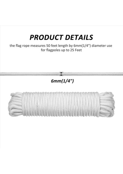 50 Feet x 1/4inch Bayrak Direği Halyard Halat Halyard Halat Halat Halat Bayrak Direği Kanca Klipsleri Açık Bayrak Direği Aksesuarları Uyumlu (Yurt Dışından) fiyatları