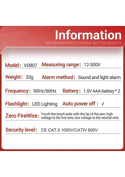 Aneng VD807 Dijital Voltaj Dedektörü Test Cihazı AC12-300V Voltaj Test Cirsi Devre Ncv Sensör Tel Elektrikçi Aracı (Kırmızı) (Yurt Dışından)