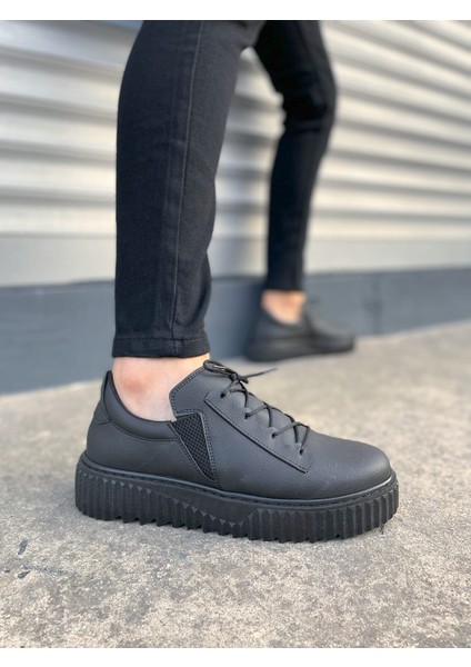 JY502 Bold Bağcıklı Cilt Erkek Günlük Sneaker Ayakkabı Cst - Siyah