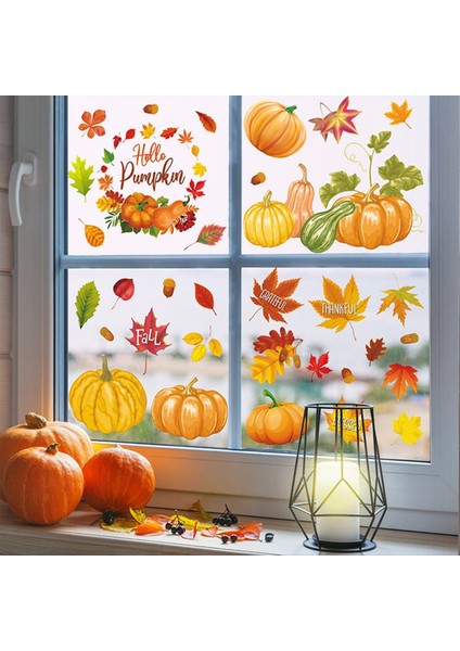 Sonbahar Kabak Akçaağaç Yaprak Pencere Çıkartmaları Şükran Günü Cam Dekorasyon Kabak Akçaağaç Yaprak Çıkartmaları Sonbahar Duvar Çıkartmaları (Yurt Dışından)
