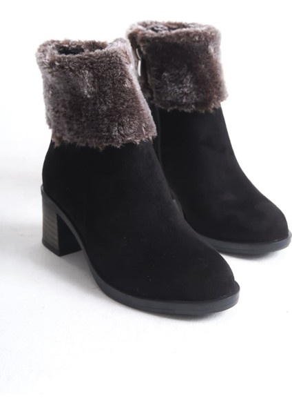 Katya Fermuarlı Ortopedik Taban Topuklu Kürk Detaylı Süet Kadın Bot Sst - Siyah fırsatları