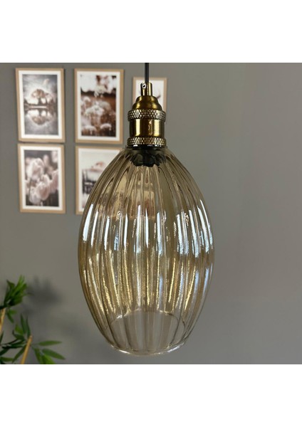 Yolza Cam Bal Rengi Tekli Avize Lale Başlık Retro Sarkıt Lamba Salon Aydınlatma