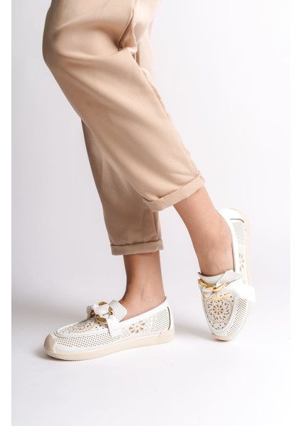 Lydıa Bağcıksız Ortopedik Rahat Taban Çiçek Desenli Kadın Babet Ayakkabı Ckt - Beyaz fiyatları