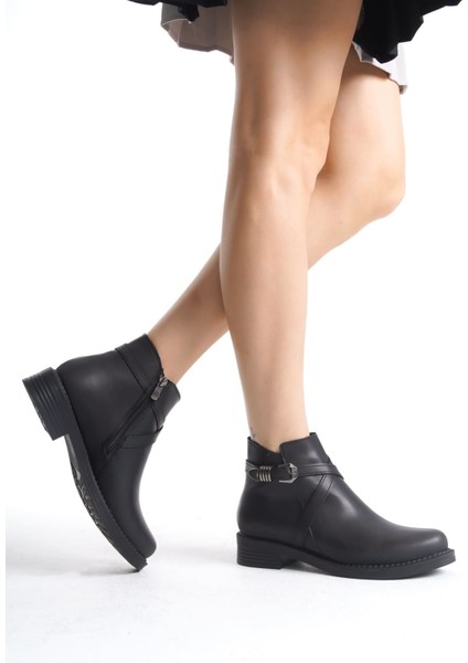 Almıla Fermuarlı Lastikli Ortopedik Taban Topuklu Kadın Bot Cst - Siyah