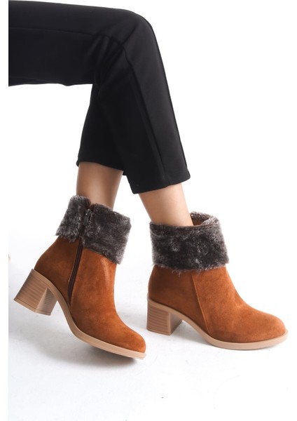 Katya Fermuarlı Ortopedik Taban Topuklu Kürk Detaylı Süet Kadın Bot Stt - Taba modelleri