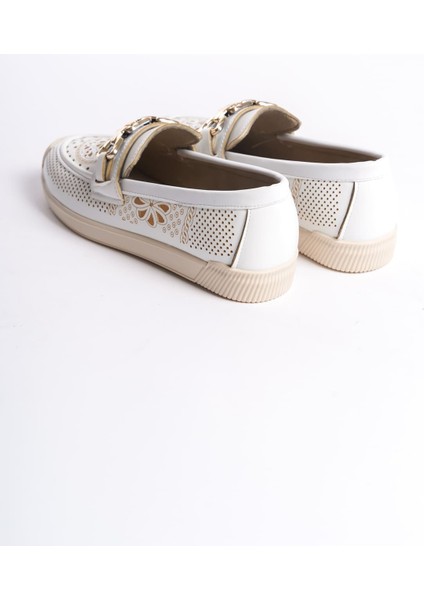 Layla Bağcıksız Ortopedik Rahat Taban Çiçek Desenli Kadın Babet Ayakkabı Ckt - Beyaz indirimleri