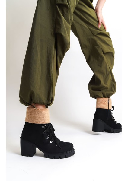 Emma Bağcıklı Fermuarlı Ortopedik Taban Topuklu Kürk Detaylı Süet Kadın Bot Sst - Siyah modelleri