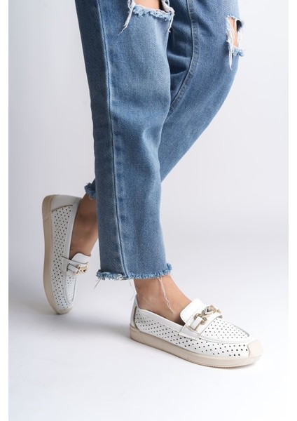 Lıly Bağcıksız Ortopedik Rahat Taban Kalp Desenli Kadın Babet Ayakkabı Ckt - Beyaz