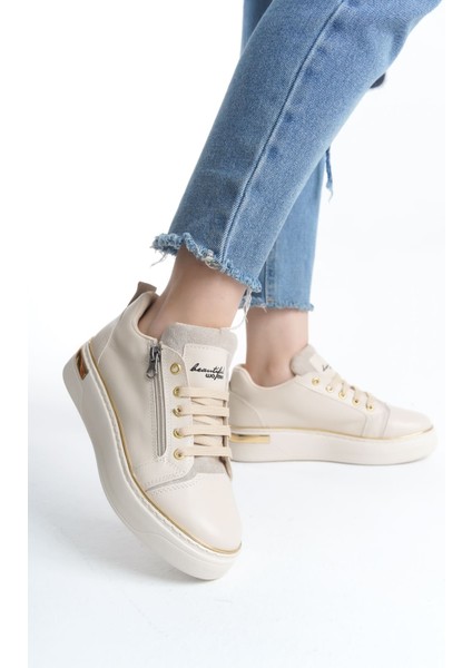 Dına Bağcıklı Fermuarlı Ortopedik Taban Kadın Sneaker Spor Ayakkabı Ckt - Krem/altın