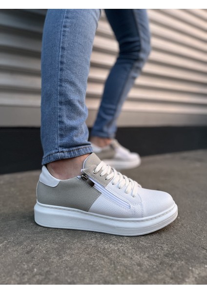 JY155 Warrior Bağcıklı ve Fermuarlı Cilt Süet Erkek Günlük Sneaker Ayakkabı Csbt - Beyaz/gri