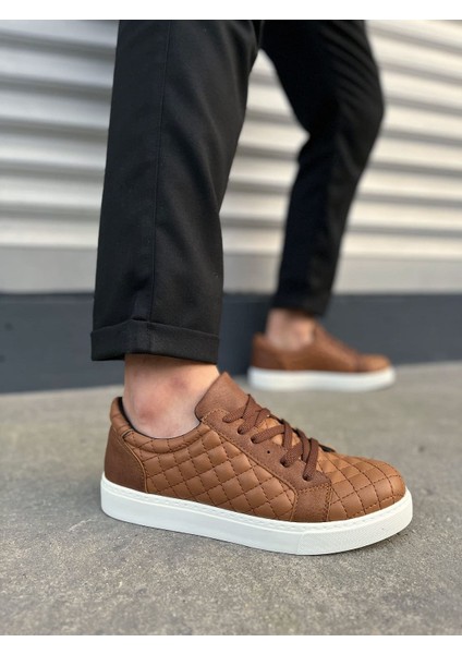 JY166 Prestige Bağcıklı Cilt Kapitone Desenli Erkek Günlük Sneaker Ayakkabı Cbt - Taba