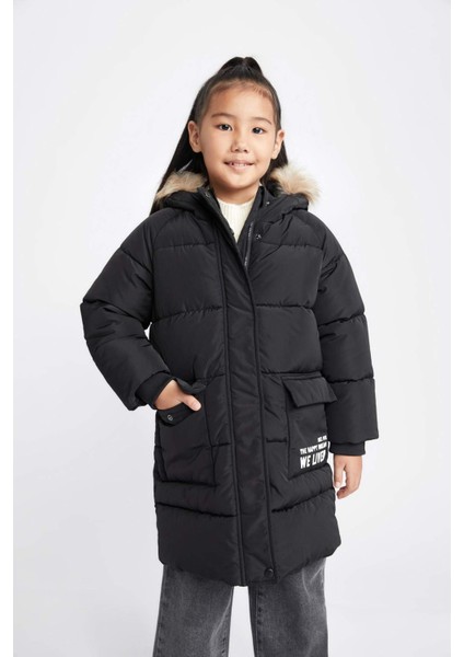 Kız Çocuk Su İtici Çıkarılabilir Kürklü Kapüşonlu Uzun Kaban A2541A823AU