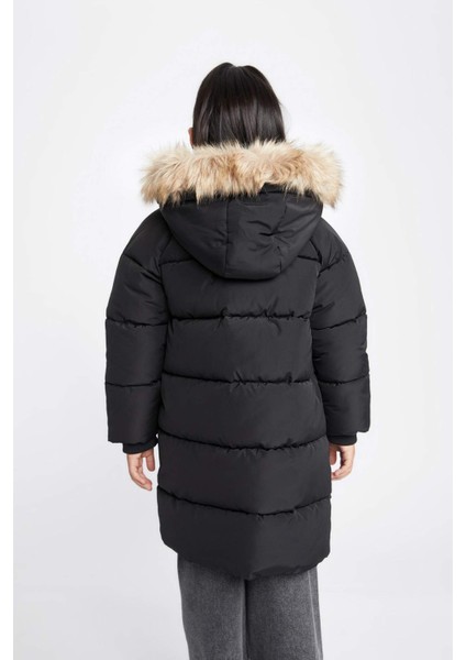 Kız Çocuk Su İtici Çıkarılabilir Kürklü Kapüşonlu Uzun Kaban A2541A823AU