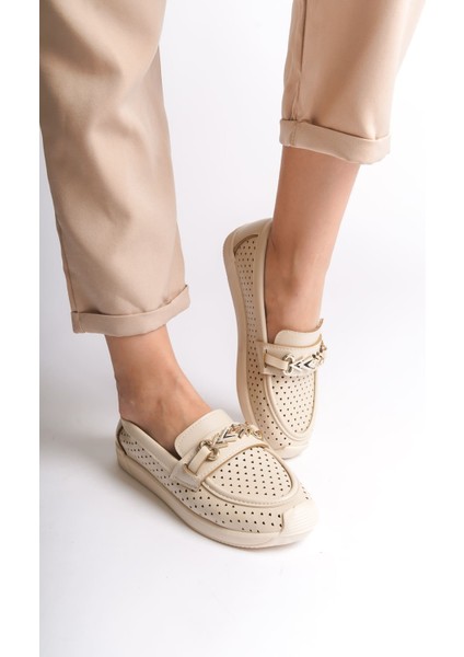 Lıly Bağcıksız Ortopedik Rahat Taban Kalp Desenli Kadın Babet Ayakkabı Ckt - Krem