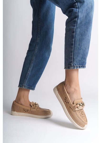 Layla Bağcıksız Ortopedik Rahat Taban Çiçek Desenli Kadın Babet Ayakkabı Ckt - Ten