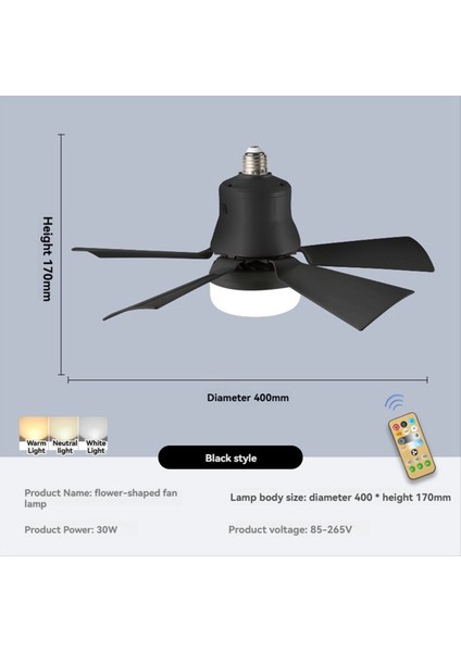 Soket Fan Işığı Uzaktan Kumanda Mesafesi 5m E27 3 Hızlı Dimmable LED Taban Voltajı 85-265V 40W Siyah (Yurt Dışından) fırsatları