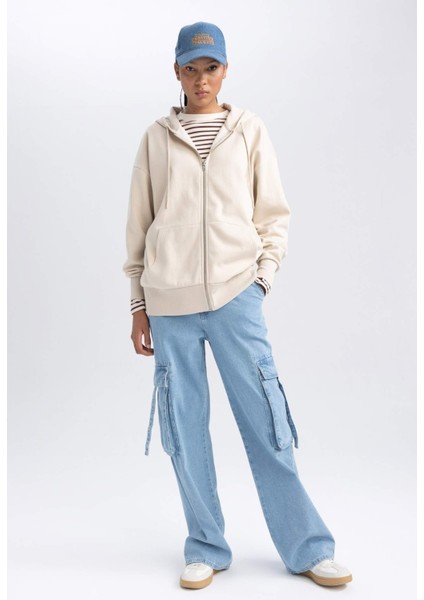 Oversize Geniş Kalıp Kapüşonlu Cepli Basic Düz Fermuarlı Sweatshirt V4233AZ23WN