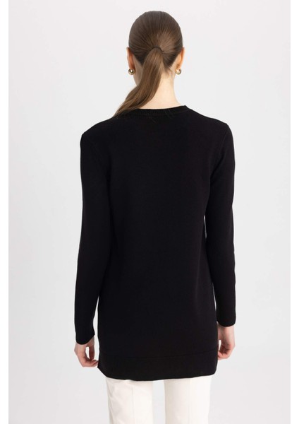 Regular Fit Bisiklet Yaka Yırtmaçlı Basic Düz Triko Kazak Tunik H3431AZ23WN