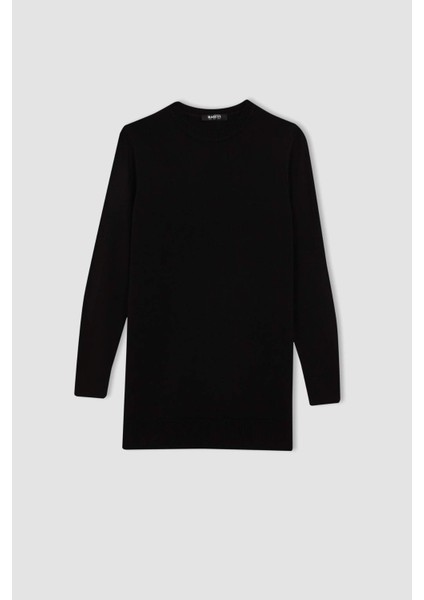 Regular Fit Bisiklet Yaka Yırtmaçlı Basic Düz Triko Kazak Tunik H3431AZ23WN