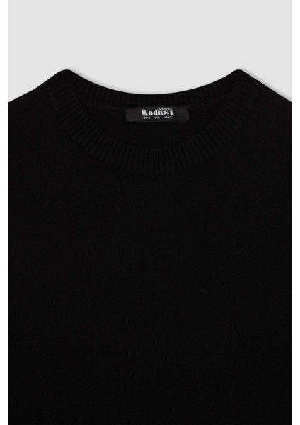 Regular Fit Bisiklet Yaka Yırtmaçlı Basic Düz Triko Kazak Tunik H3431AZ23WN