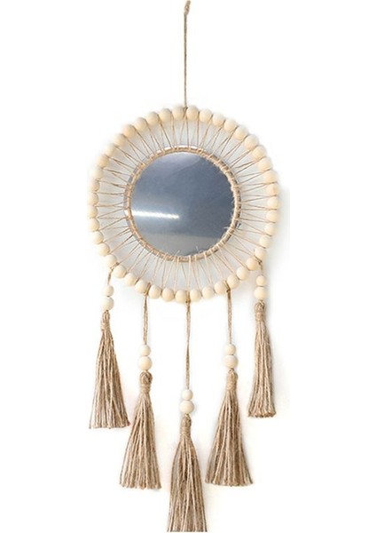 Duvar Aynası Asılı Duvar Aynası Ahşap Boncuklar Saçak El Yapımı Yuvarlak Dekorasyon Boho Antika Ayna (Yurt Dışından)