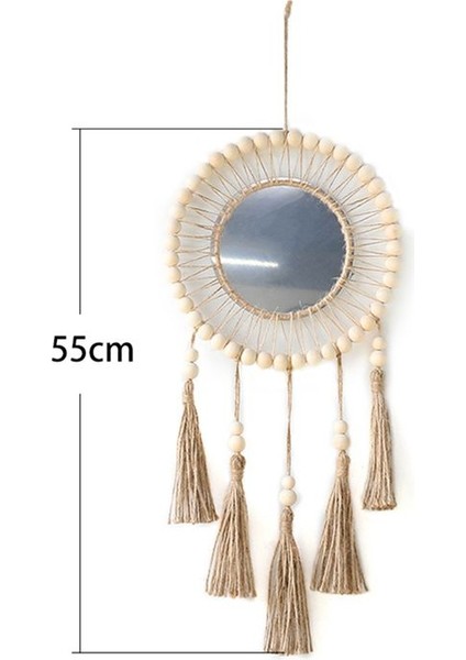 Duvar Aynası Asılı Duvar Aynası Ahşap Boncuklar Saçak El Yapımı Yuvarlak Dekorasyon Boho Antika Ayna (Yurt Dışından) fırsatları