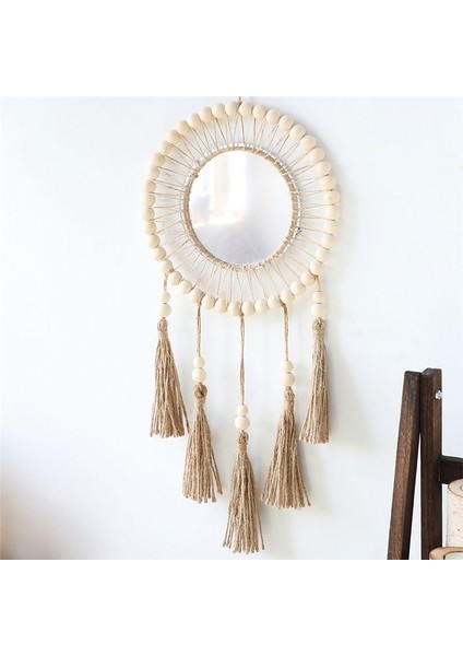 Duvar Aynası Asılı Duvar Aynası Ahşap Boncuklar Saçak El Yapımı Yuvarlak Dekorasyon Boho Antika Ayna (Yurt Dışından) indirimleri