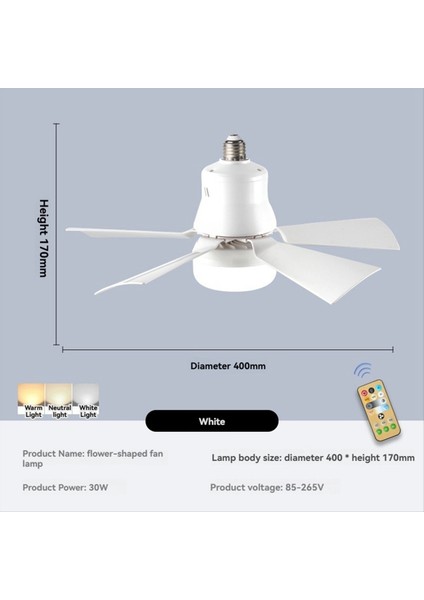 Soket Fan Işığı Uzaktan Kumanda Mesafesi 5m E27 3 Hızlı Dimmable LED Taban Voltajı 85-265V 40W Beyaz (Yurt Dışından) fırsatları