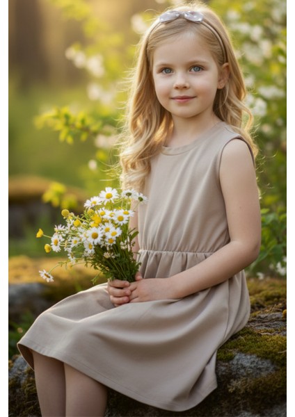 0006 - Kız Çocuk Kumbeji Elbise Fiyonk Bandana Takım