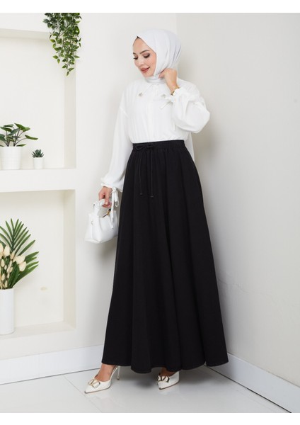 Beli Lastikli Ipli Kot Kloş Etek Siyah