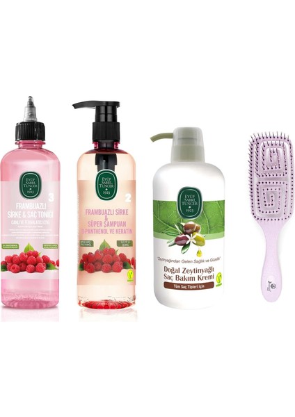 Süper Saç Bakım Seti, Frambuaz Sirke 500ML Tonik, Şampuan, Saç Kremi 600ML, Tarak